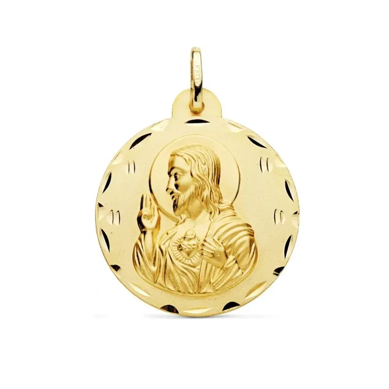 Medalla oro 18k escapulario 28mm. Corazón de Jesús Virgen del Carmen borde detalles tallados