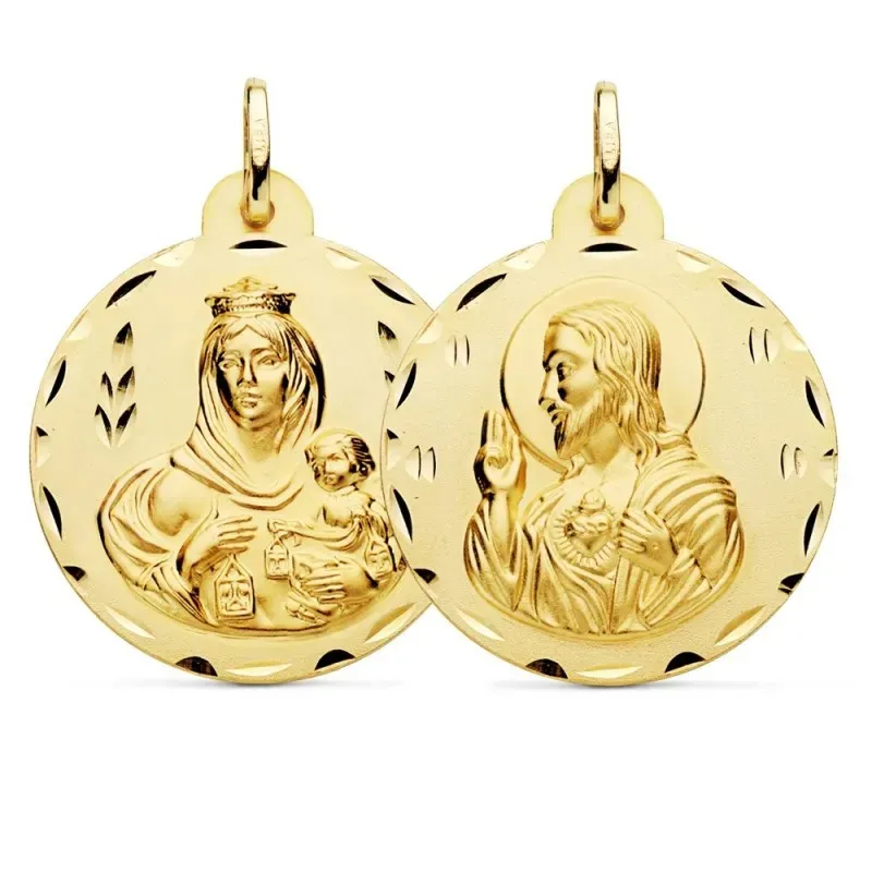 Medalla oro 18k escapulario 28mm. Corazón de Jesús Virgen del Carmen borde detalles tallados