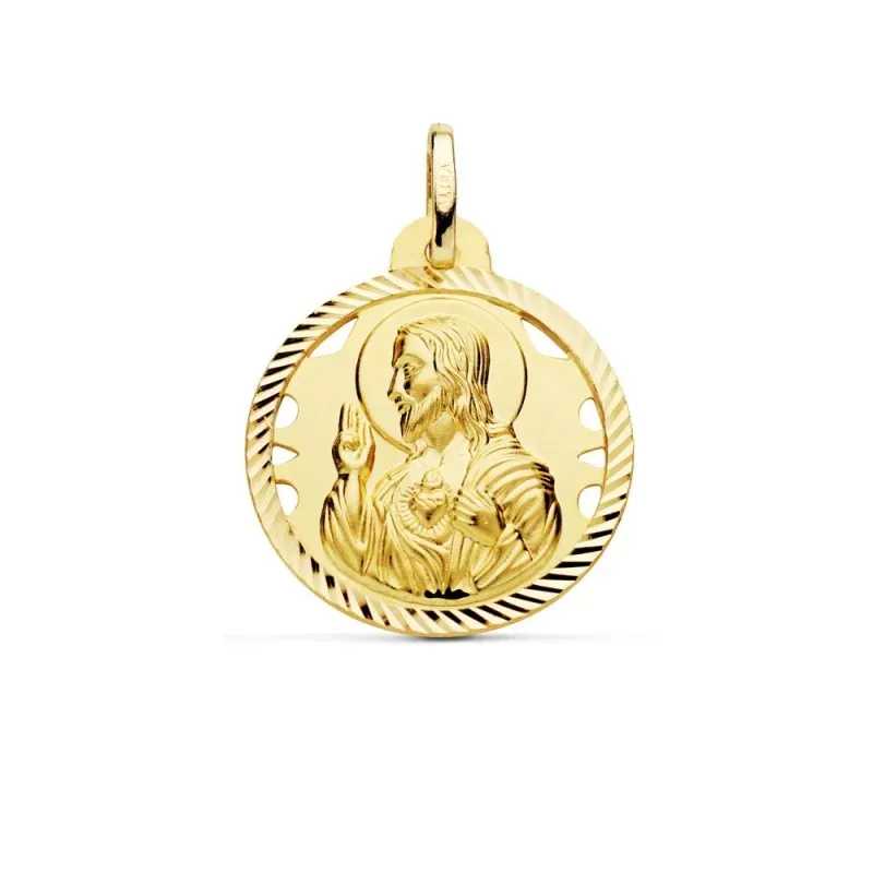 Medalla oro 18k escapulario 22mm Corazón de Jesús Virgen del Carmen calado cerco tallado foma hélice