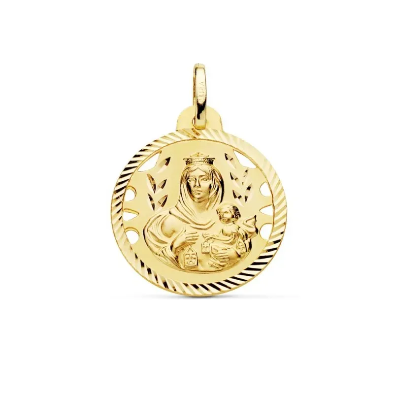 Medalla oro 18k escapulario 22mm Corazón de Jesús Virgen del Carmen calado cerco tallado foma hélice