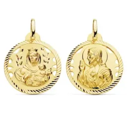 Medalla oro 18k escapulario 22mm Corazón de Jesús Virgen del Carmen calado cerco tallado foma hélice