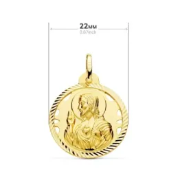 Medalla oro 18k escapulario 22mm Corazón de Jesús Virgen del Carmen calado cerco tallado foma hélice