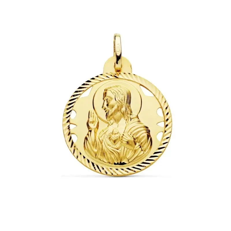 Medalla oro 18k escapulario 24mm Corazón de Jesús Virgen del Carmen calado cerco tallado foma hélice
