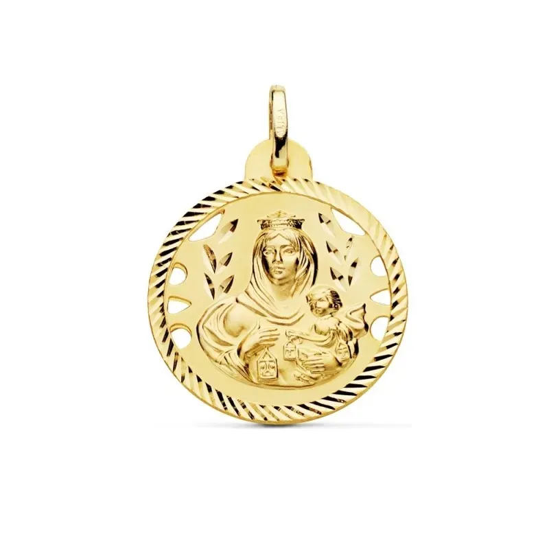 Medalla oro 18k escapulario 24mm Corazón de Jesús Virgen del Carmen calado cerco tallado foma hélice