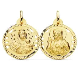 Medalla oro 18k escapulario 24mm Corazón de Jesús Virgen del Carmen calado cerco tallado foma hélice