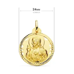 Medalla oro 18k escapulario 24mm Corazón de Jesús Virgen del Carmen calado cerco tallado foma hélice