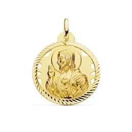 Medalla oro 18k escapulario 26mm Corazón de Jesús Virgen del Carmen calado cerco tallado foma hélice