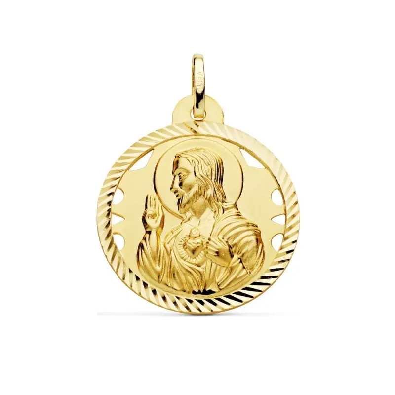 Medalla oro 18k escapulario 26mm Corazón de Jesús Virgen del Carmen calado cerco tallado foma hélice