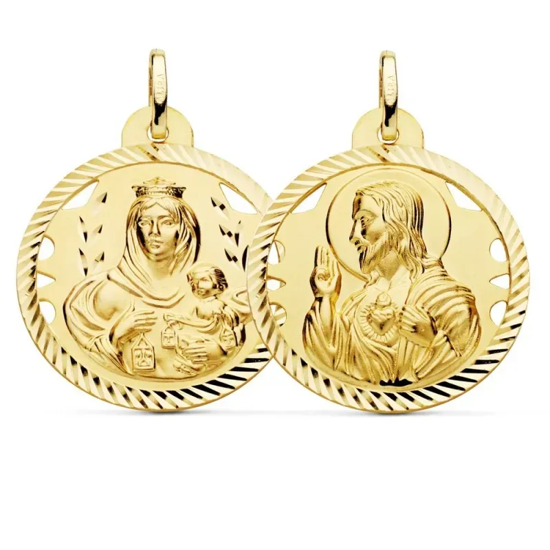 Medalla oro 18k escapulario 26mm Corazón de Jesús Virgen del Carmen calado cerco tallado foma hélice
