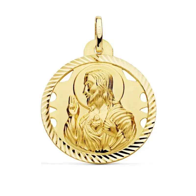 Medalla oro 18k escapulario 28mm Corazón de Jesús Virgen del Carmen calado cerco tallado foma hélice