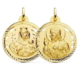 Medalla oro 18k escapulario 28mm Corazón de Jesús Virgen del Carmen calado cerco tallado foma hélice