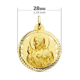 Medalla oro 18k escapulario 28mm Corazón de Jesús Virgen del Carmen calado cerco tallado foma hélice