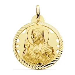 Medalla oro 18k escapulario 30mm Corazón de Jesús Virgen del Carmen calado cerco tallado foma hélice