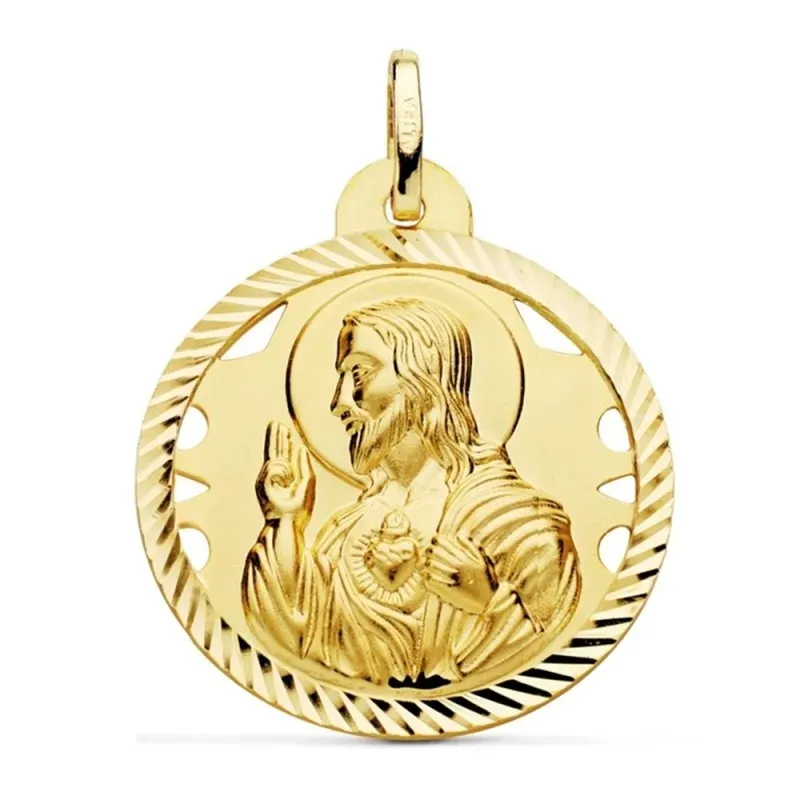 Medalla oro 18k escapulario 30mm Corazón de Jesús Virgen del Carmen calado cerco tallado foma hélice