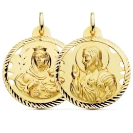 Medalla oro 18k escapulario 30mm Corazón de Jesús Virgen del Carmen calado cerco tallado foma hélice