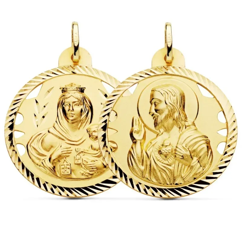 Medalla oro 18k escapulario 30mm Corazón de Jesús Virgen del Carmen calado cerco tallado foma hélice