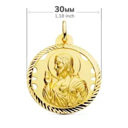 Medalla oro 18k escapulario 30mm Corazón de Jesús Virgen del Carmen calado cerco tallado foma hélice