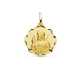 Medalla oro 18k escapulario 20mm. Corazón de Jesús Virgen del Carmen forma pandereta tallada