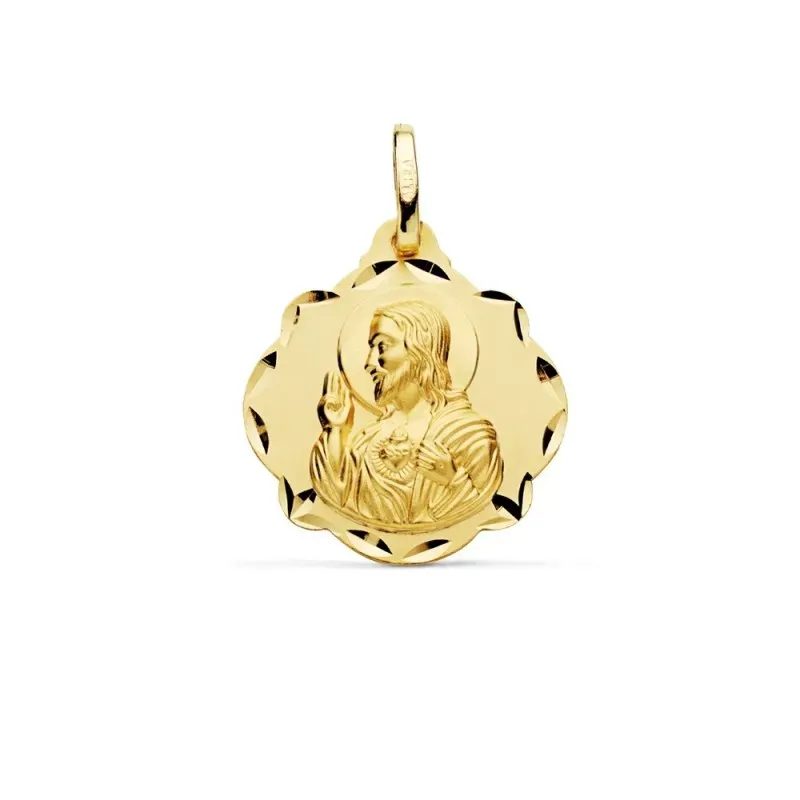 Medalla oro 18k escapulario 20mm. Corazón de Jesús Virgen del Carmen forma pandereta tallada