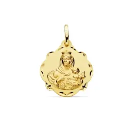 Medalla oro 18k escapulario 20mm. Corazón de Jesús Virgen del Carmen forma pandereta tallada