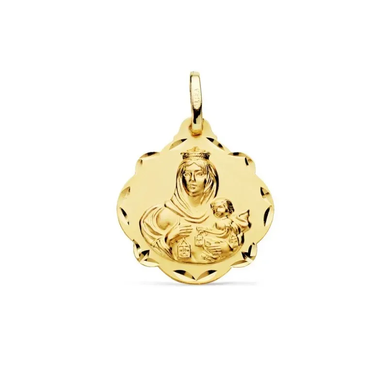 Medalla oro 18k escapulario 20mm. Corazón de Jesús Virgen del Carmen forma pandereta tallada
