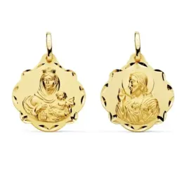 Medalla oro 18k escapulario 20mm. Corazón de Jesús Virgen del Carmen forma pandereta tallada