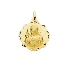 Medalla oro 18k escapulario 24mm. Corazón de Jesús Virgen del Carmen forma pandereta tallada