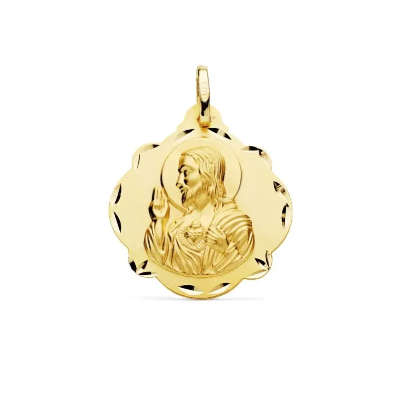 Medalla oro 18k escapulario 24mm. Corazón de Jesús Virgen del Carmen forma pandereta tallada
