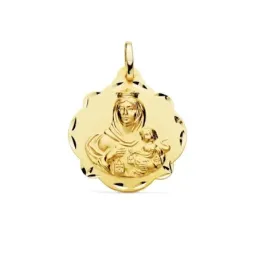 Medalla oro 18k escapulario 24mm. Corazón de Jesús Virgen del Carmen forma pandereta tallada
