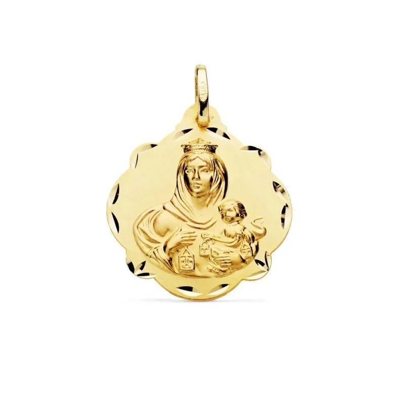 Medalla oro 18k escapulario 24mm. Corazón de Jesús Virgen del Carmen forma pandereta tallada