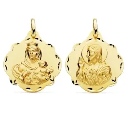 Medalla oro 18k escapulario 24mm. Corazón de Jesús Virgen del Carmen forma pandereta tallada