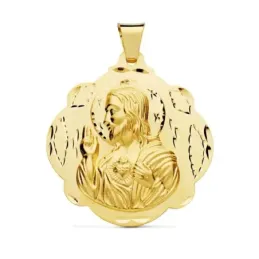 Medalla oro 18k escapulario 42mm. Corazón de Jesús Virgen del Carmen forma pandereta tallada