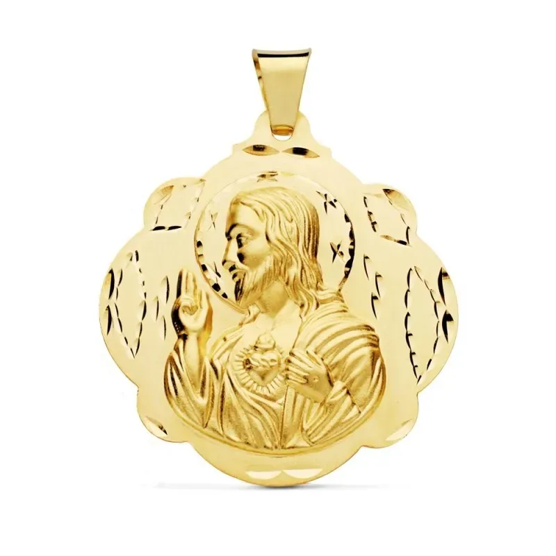 Medalla oro 18k escapulario 42mm. Corazón de Jesús Virgen del Carmen forma pandereta tallada