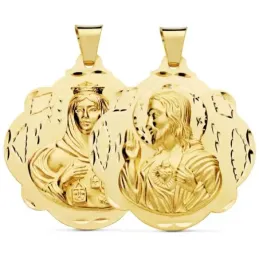 Medalla oro 18k escapulario 42mm. Corazón de Jesús Virgen del Carmen forma pandereta tallada