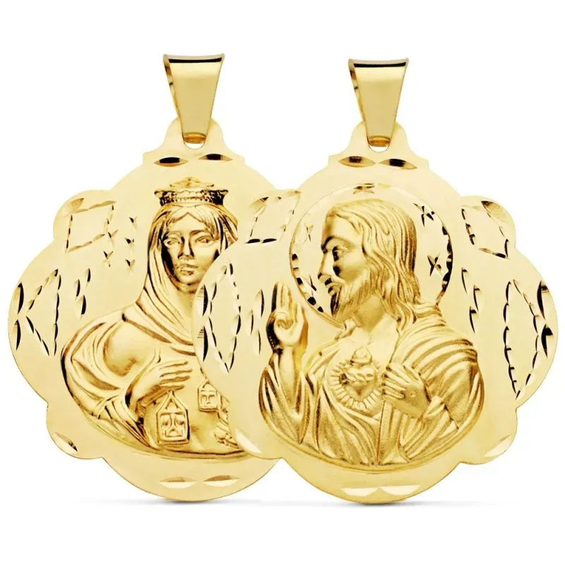 Medalla oro 18k escapulario 42mm. Corazón de Jesús Virgen del Carmen forma pandereta tallada
