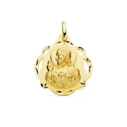 Medalla oro 18k escapulario 24mm. Corazón de Jesús Virgen del Carmen calada forma pandereta tallada