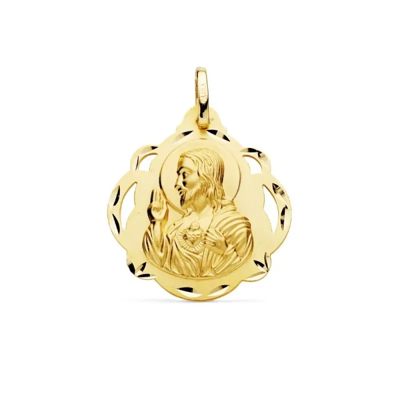 Medalla oro 18k escapulario 24mm. Corazón de Jesús Virgen del Carmen calada forma pandereta tallada