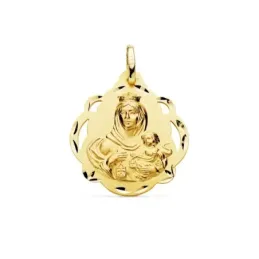 Medalla oro 18k escapulario 24mm. Corazón de Jesús Virgen del Carmen calada forma pandereta tallada