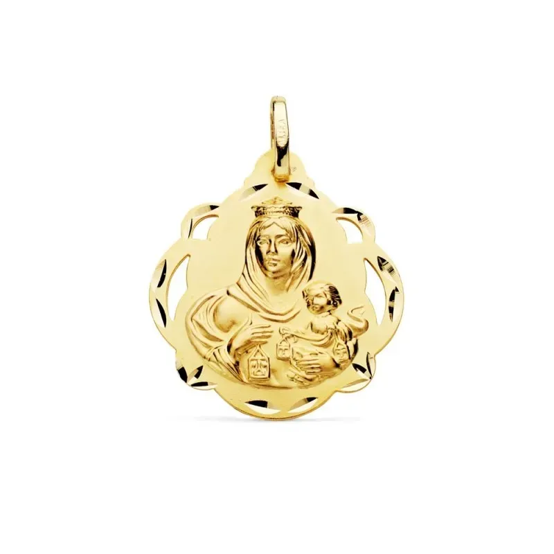 Medalla oro 18k escapulario 24mm. Corazón de Jesús Virgen del Carmen calada forma pandereta tallada