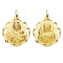 Medalla oro 18k escapulario 24mm. Corazón de Jesús Virgen del Carmen calada forma pandereta tallada