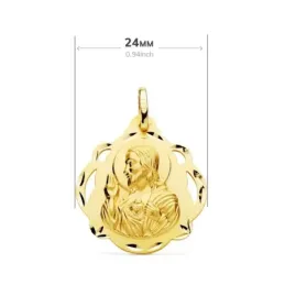Medalla oro 18k escapulario 24mm. Corazón de Jesús Virgen del Carmen calada forma pandereta tallada