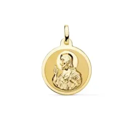 Medalla oro 18k escapulario 18mm. Corazón de Jesús Virgen del Carmen mate cerco brillo