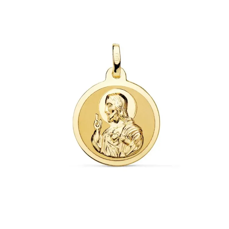 Medalla oro 18k escapulario 18mm. Corazón de Jesús Virgen del Carmen mate cerco brillo