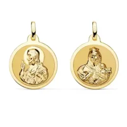 Medalla oro 18k escapulario 18mm. Corazón de Jesús Virgen del Carmen mate cerco brillo
