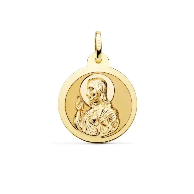 Medalla oro 18k escapulario 20mm. Corazón de Jesús Virgen del Carmen mate cerco brillo