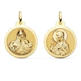 Medalla oro 18k escapulario 20mm. Corazón de Jesús Virgen del Carmen mate cerco brillo