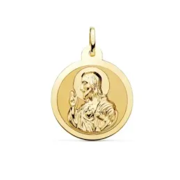 Medalla oro 18k escapulario 24mm. Corazón de Jesús Virgen del Carmen mate cerco brillo