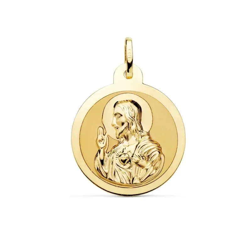 Medalla oro 18k escapulario 24mm. Corazón de Jesús Virgen del Carmen mate cerco brillo