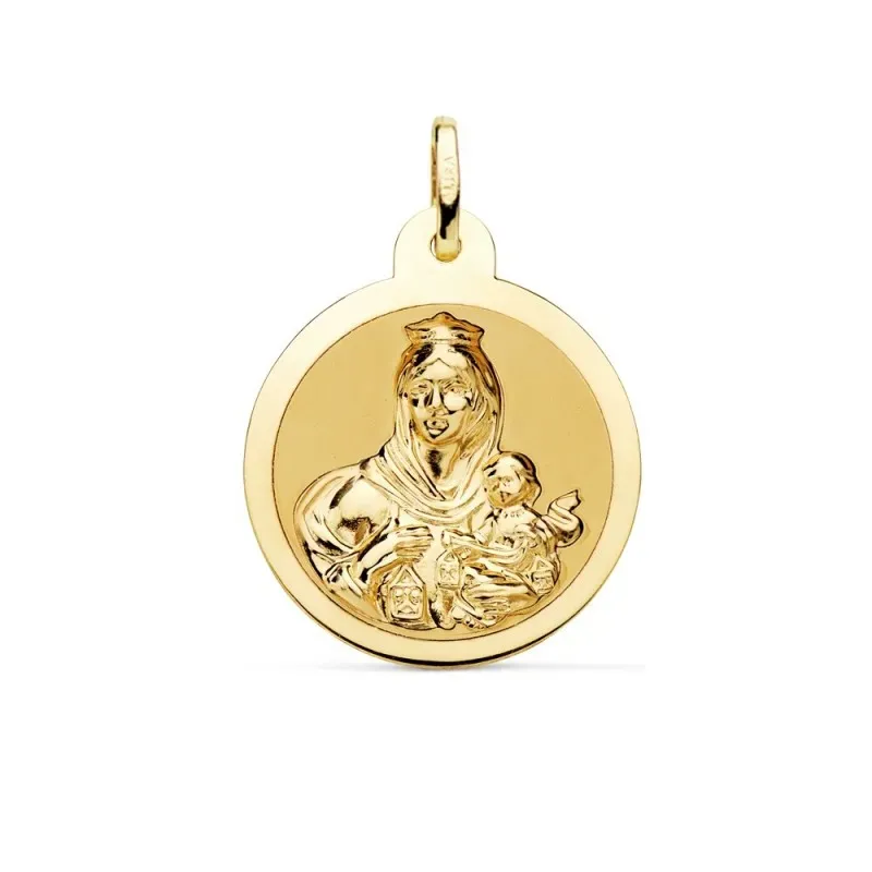 Medalla oro 18k escapulario 24mm. Corazón de Jesús Virgen del Carmen mate cerco brillo