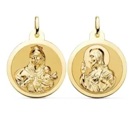 Medalla oro 18k escapulario 24mm. Corazón de Jesús Virgen del Carmen mate cerco brillo